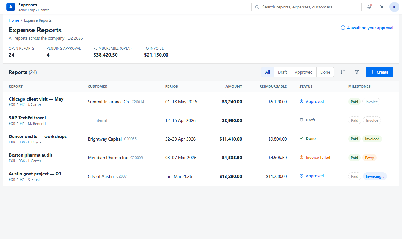 B1 Expense reports dashboard with SAP invoice status